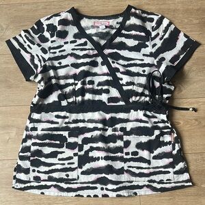 Koi Black and White Wrap Blouse with Tie Front